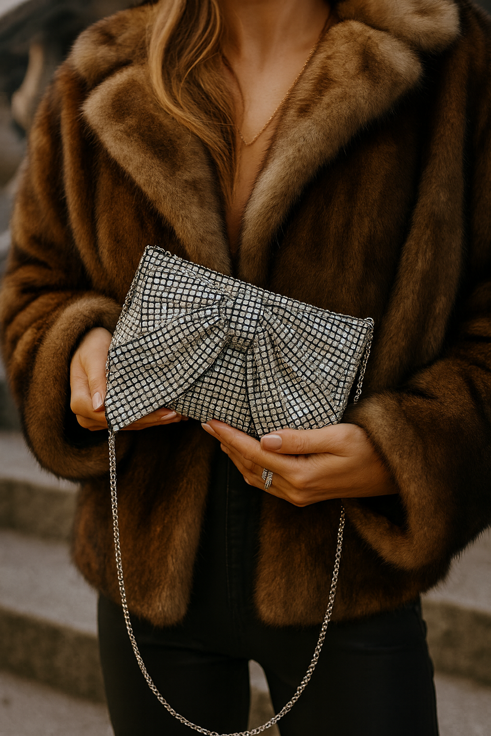 Embellished Bow Evening Bag in Silver